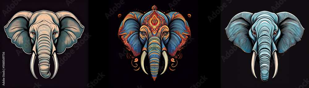Aufkleber Three elephant heads with different artistic styles, one with a mandala design on its head.