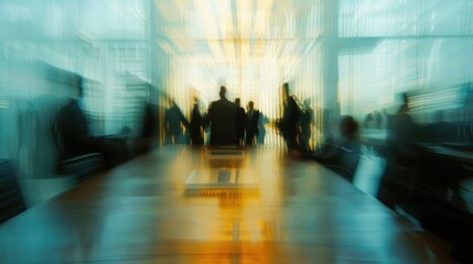 Blurry boardroom tables and figures hint at a serious corporate meeting in progress.