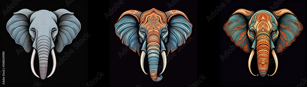 Aufkleber Three detailed illustrations of elephant heads, one in grey and two with intricate patterns.