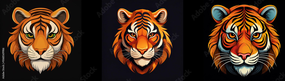 Aufkleber three tiger heads with different color variations on a black background.