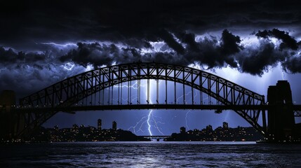 Obraz premium A dramatic storm rages over Sydney Harbour Bridge, with lightning striking the sky.