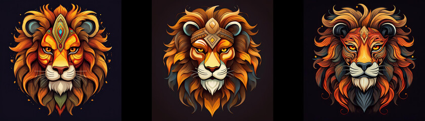 Obraz premium Three stylized lion heads in a row with a black background, each with a different color scheme.
