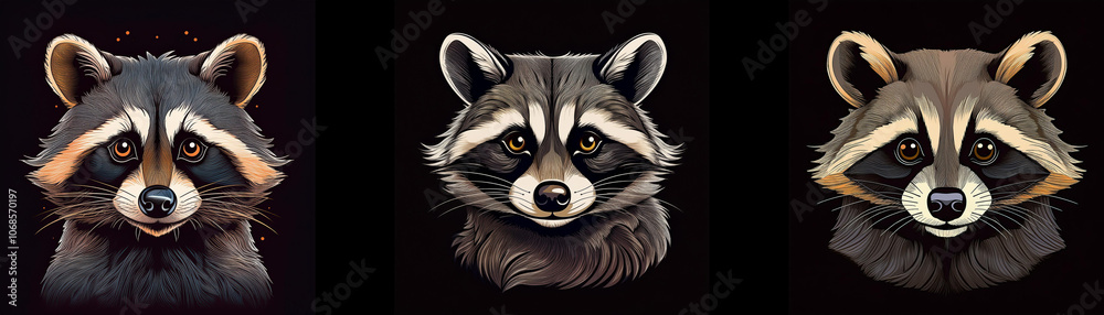 Poster three raccoons are depicted in a realistic style, each with a unique fur color.