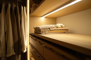 A well-organized small closet with custom storage solutions like sliding racks and built-in drawers, featuring a clean, minimalist design with soft LED lighting.