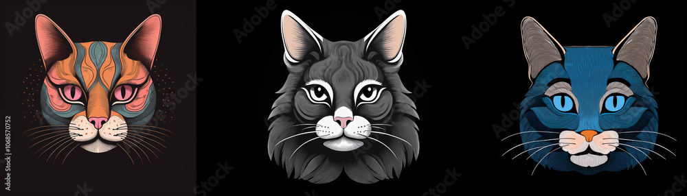 Poster Three stylized cat heads with different fur colors and patterns.