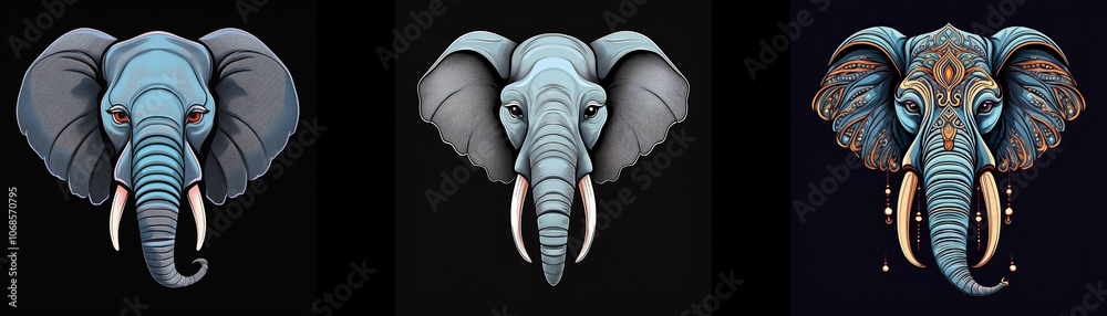 Aufkleber Three elephant heads, one with intricate patterns on its face and ears, the others with a more realistic look.