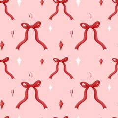 Christmas red bows seamless pattern. Birthday gifts red ribbon decoration print.Cartoon bows pattern.Ideal for fabric,scrapbooking,banner , card, wrapping paper, wallpaper, textiles.