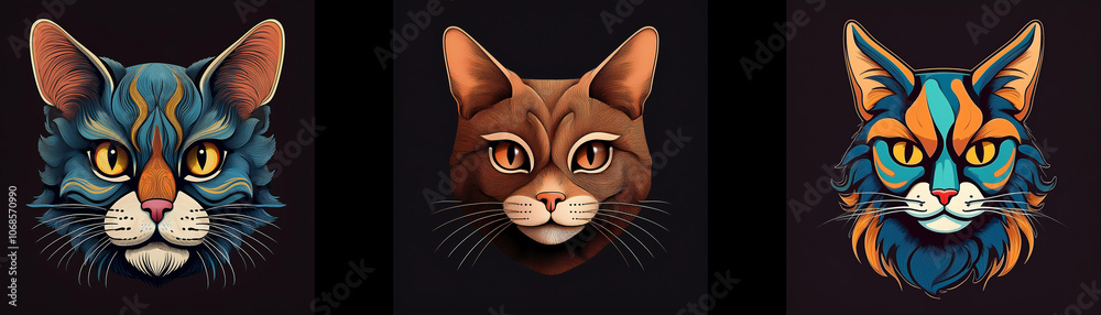 Poster three different colored cat faces looking forward.