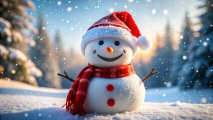 Fototapeta premium Happy snowman with red scarf and hat in snowy landscape.