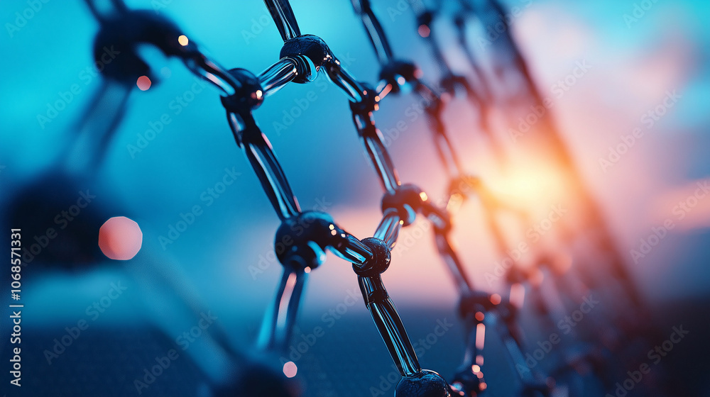 Poster digital featuring a complex molecular structure with intricate geometric patterns textures and lines