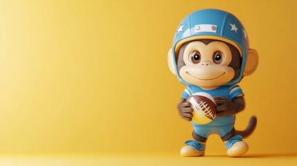 Cute cartoon monkey wearing a football helmet and jersey, holding a football.
