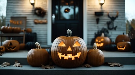 Obraz premium Front porch decorated with illuminated jack-o'-lanterns and autumn leaves, creating a festive Halloween atmosphere in front of a house.
