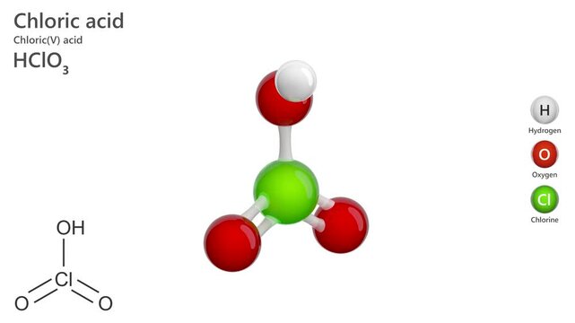 Chloric Acid. Animated 3D model of a molecule. Molecular formula: HClO3. Chemical model: Ball and stick. White background. 3D rendering. Seamless loop.