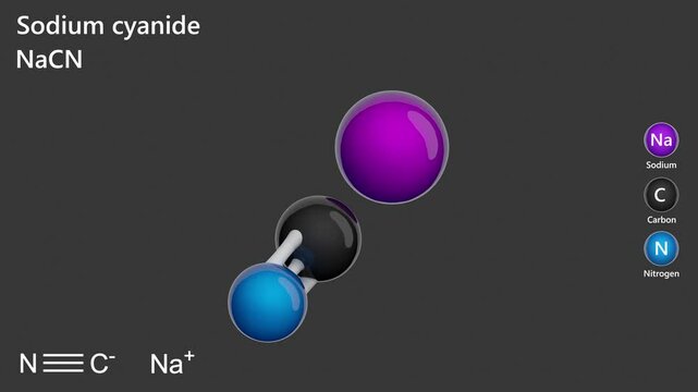 Sodium Cyanide. Human poison. Animated 3D model of a molecule. Molecular formula: NaCN. Chemical model: Ball and stick. Gray background. 3D rendering. Seamless loop.