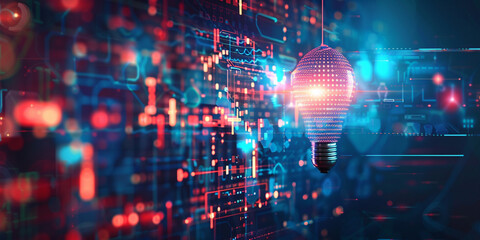 Fototapeta premium A glowing light bulb against a blurred circuit board background, symbolizing innovation and technology.Glowing Light Bulb Against a Blurred Circuit Board Background Symbolizing Innovation and Techno