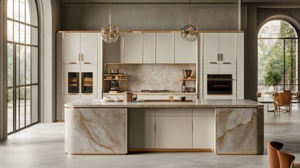 Modern Kitchen with Marble Island, Golden Accents, and Large Windows