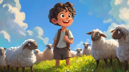 a shepherd boy surrounded by a flock of sheep, The Boy Who Cried Wolf