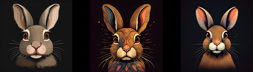 Fototapeta premium Three rabbits in a row, each with different fur color, looking directly at the viewer.