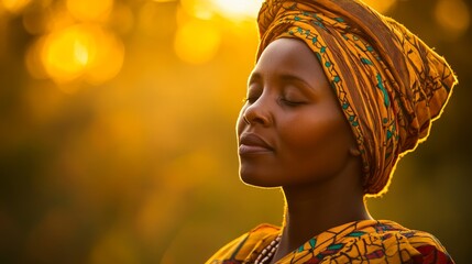 Rwandan Woman in Traditional Attire Embracing the Mystical Energy of the Savanna in Soft Golden Light