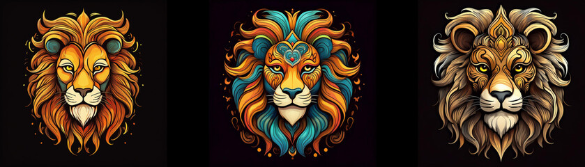 Obraz premium Three lion heads are depicted with elaborate mane, a dark background, and each with unique color schemes.