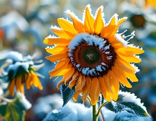 Obraz premium Vibrant sunflower dusted with snow against dreamy winter bokeh background