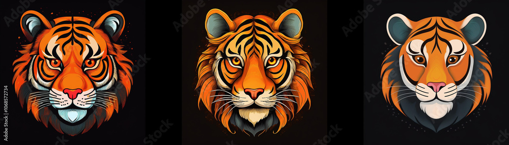 Poster three tiger heads with different color variations are featured against a black background.