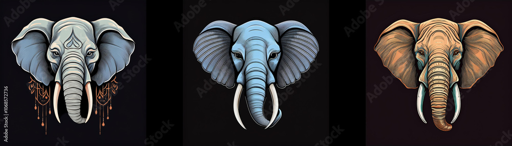 Aufkleber Three elephant heads, each with a different colored face: white, blue, and brown. The elephants are depicted with their trunks down and their tusks visible. They have large ears and a calm expression 
