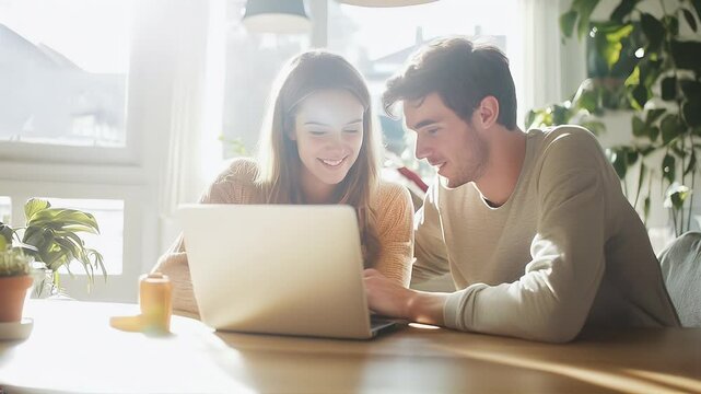 A young couple smiles and browses the internet on their laptop, enjoying a moment together at home