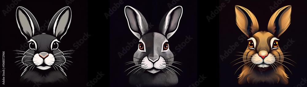 Aufkleber Three rabbits with different fur colors looking directly at the viewer.