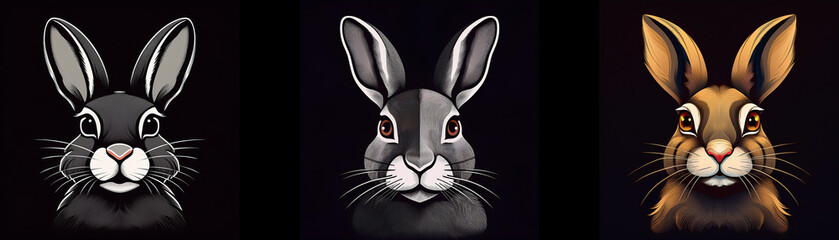 Obraz premium Three rabbits with different fur colors looking directly at the viewer.