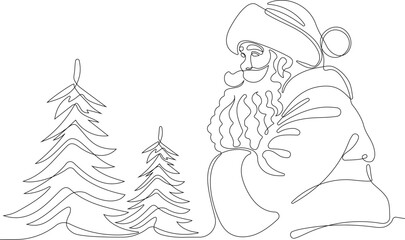 Outlined Cute Santa Claus Cartoon Character With A Sack Full Of Gifts. Vector Hand Drawn Illustration. One continuous line drawing Santa Claus on reindeer and sled. concept for Christmas and New Year