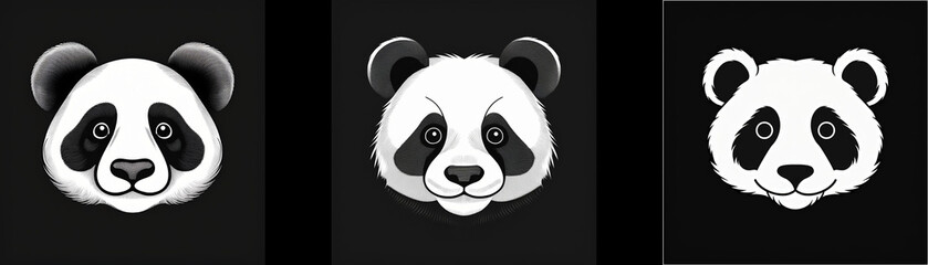 Fototapeta premium Three panda bear faces are depicted, each with different shaded fur.