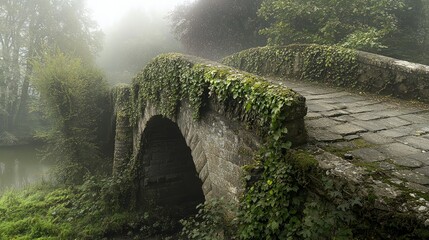 A stone arch bridge covered in ivy and moss, leading to a misty forest.