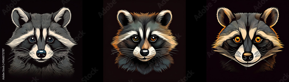Aufkleber Three raccoon faces are featured against a black background, each with a distinct fur color variation.