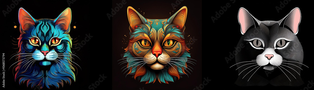 Poster Three stylized cat heads with different color schemes. The background is black.