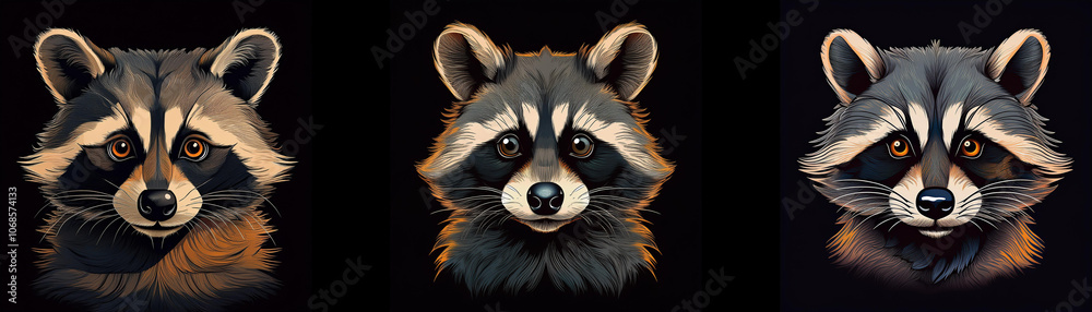 Poster three raccoons with different fur colors face the viewer.