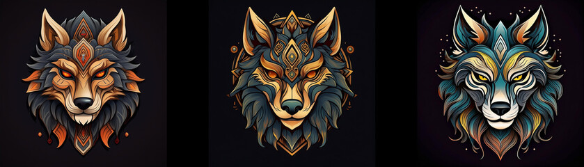 Obraz premium Three wolf head illustrations with intricate geometric patterns and glowing eyes.