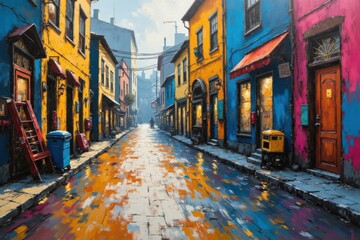 Fototapeta premium Vibrant Cityscape: Colorful Alleyway in Rainy Day, Perfect for Wall Art or Home Decor