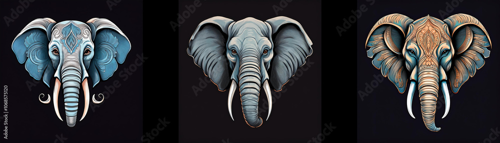 Aufkleber Three elephant heads are featured, each with a different color scheme.