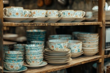 Various stacks of teacups, saucers, and bowls with floral patterns, creating a charming display of vintage or antique chinaware in a shop