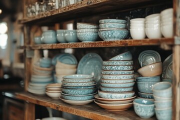 Variety of ceramic tableware displayed on wooden shelves, creating a cozy and rustic atmosphere