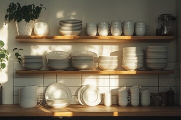 Plates, bowls, and mugs arranged neatly on wooden shelves and countertop in a modern, minimalist kitchen, illuminated by natural light