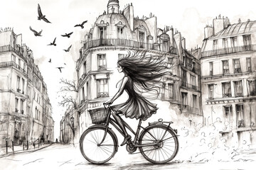 Jeune fille &agrave; v&eacute;lo dans les rues de Paris