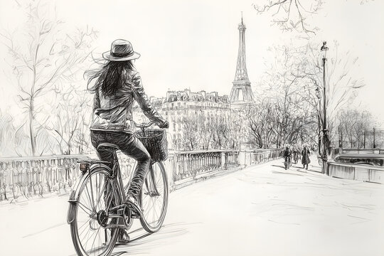 Jeune fille &agrave; v&eacute;lo de dos regardant la tour Eiffel
