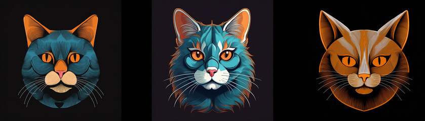 Obraz premium Three cat heads with different colors, fur patterns, and facial expressions are featured on a black background.