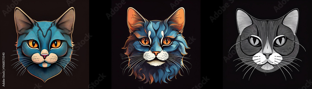 Poster three versions of a cat's head, with different colors and shades.