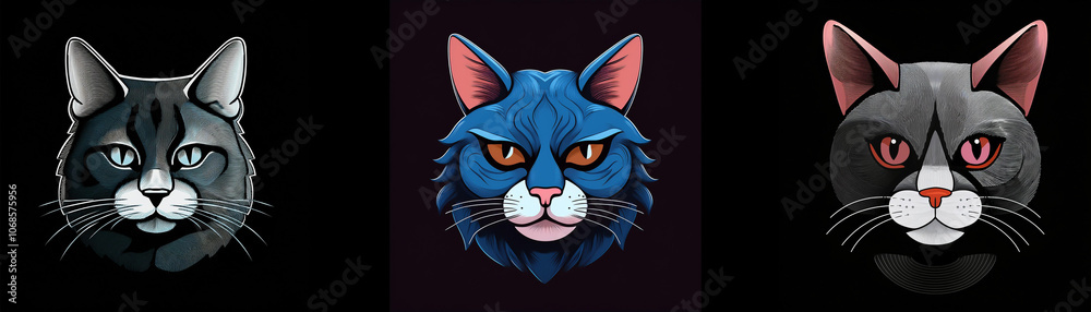 Poster three cat faces in various colors and expressions, against a dark background.