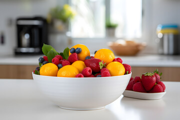 Fruit bowl with fruit on a kitchen counter