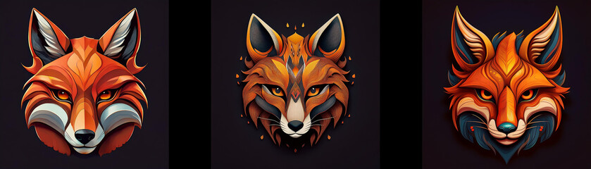 Obraz premium Three fox head illustrations in different styles, each with a dark background.