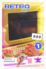 Creative design. Retro-styled poster with vintage computer monitor and keyboard. Bold colors and 90s-inspired typography. Concept of 90s aesthetic, nostalgia, technology. Retro-theme ad